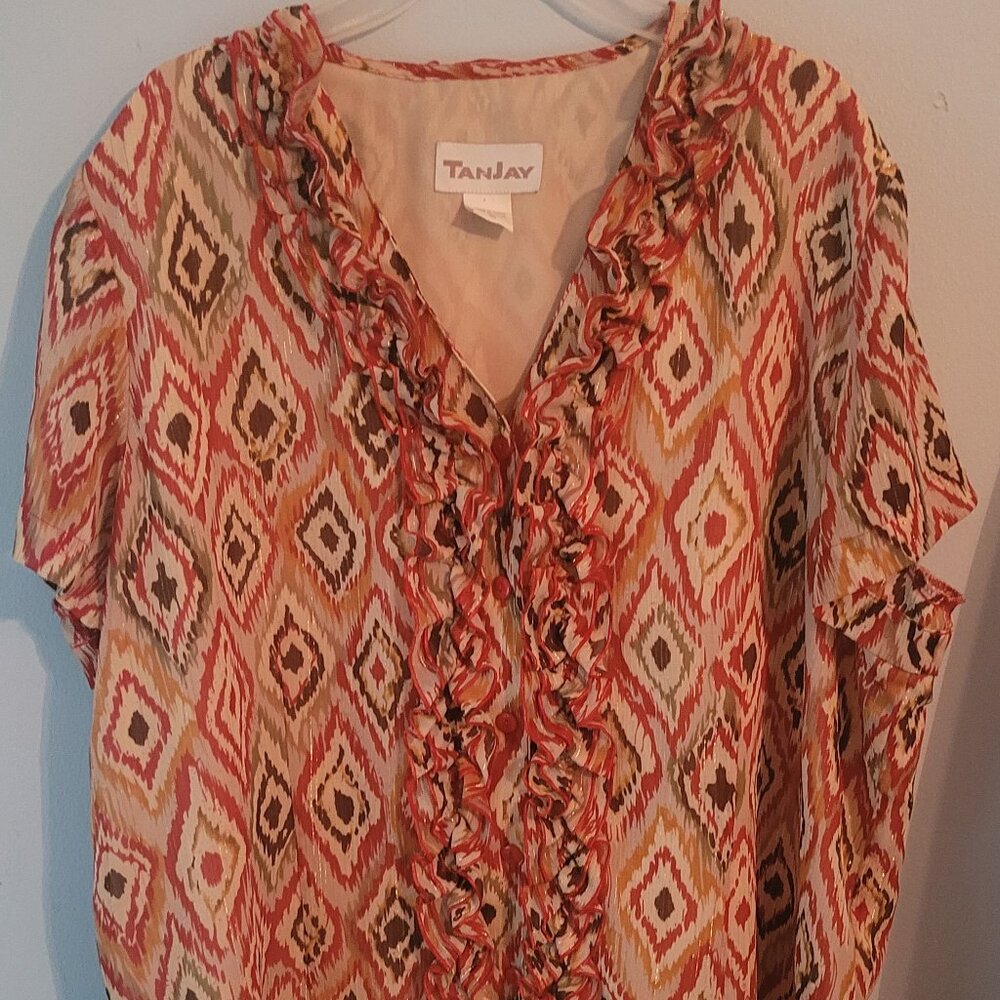 TanJay Cap Sleeve Lined Blouse Button Front Ruffles Tan Red Green Gold Womens 16